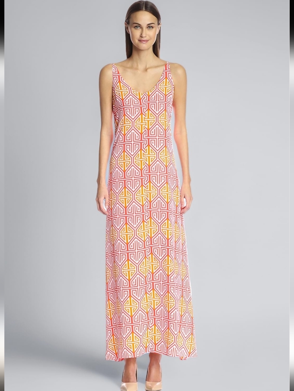Hutch Anthropologie Geo Border Maxi Dress Coral Women's Size 6 Resortwear